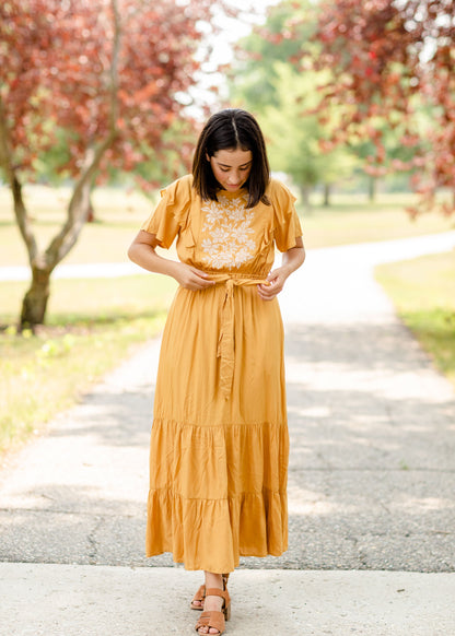 Mustard Flutter Sleeve Floral Maxi Dress - FINAL SALE Dresses