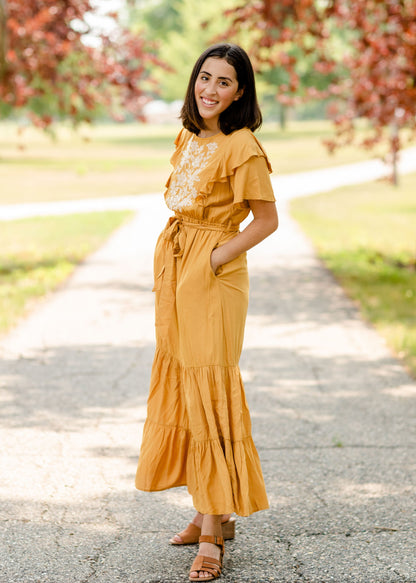 Mustard Flutter Sleeve Floral Maxi Dress - FINAL SALE Dresses