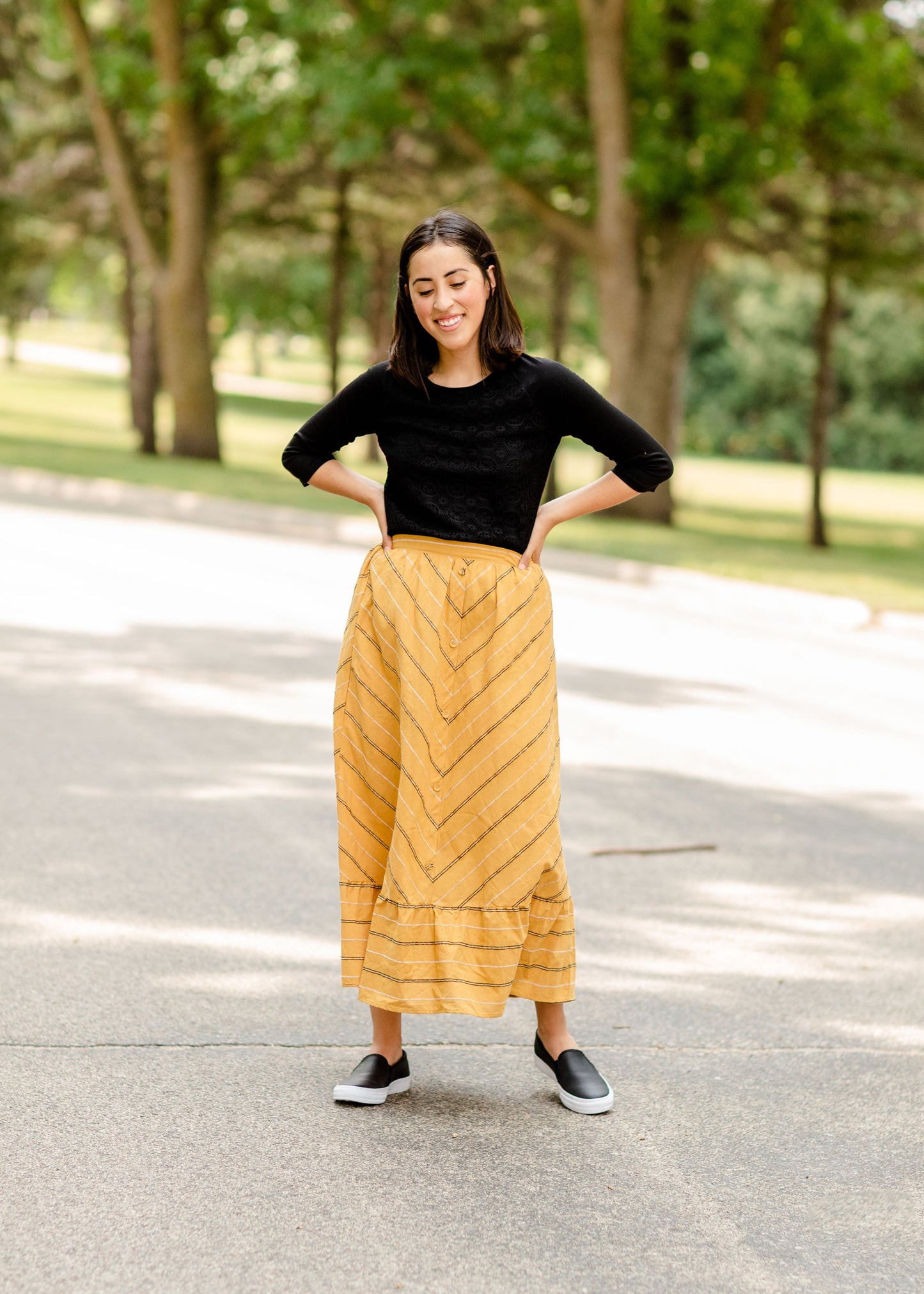 Mustard Striped Button Front Midi Skirt Skirts Polagram + BaeVely