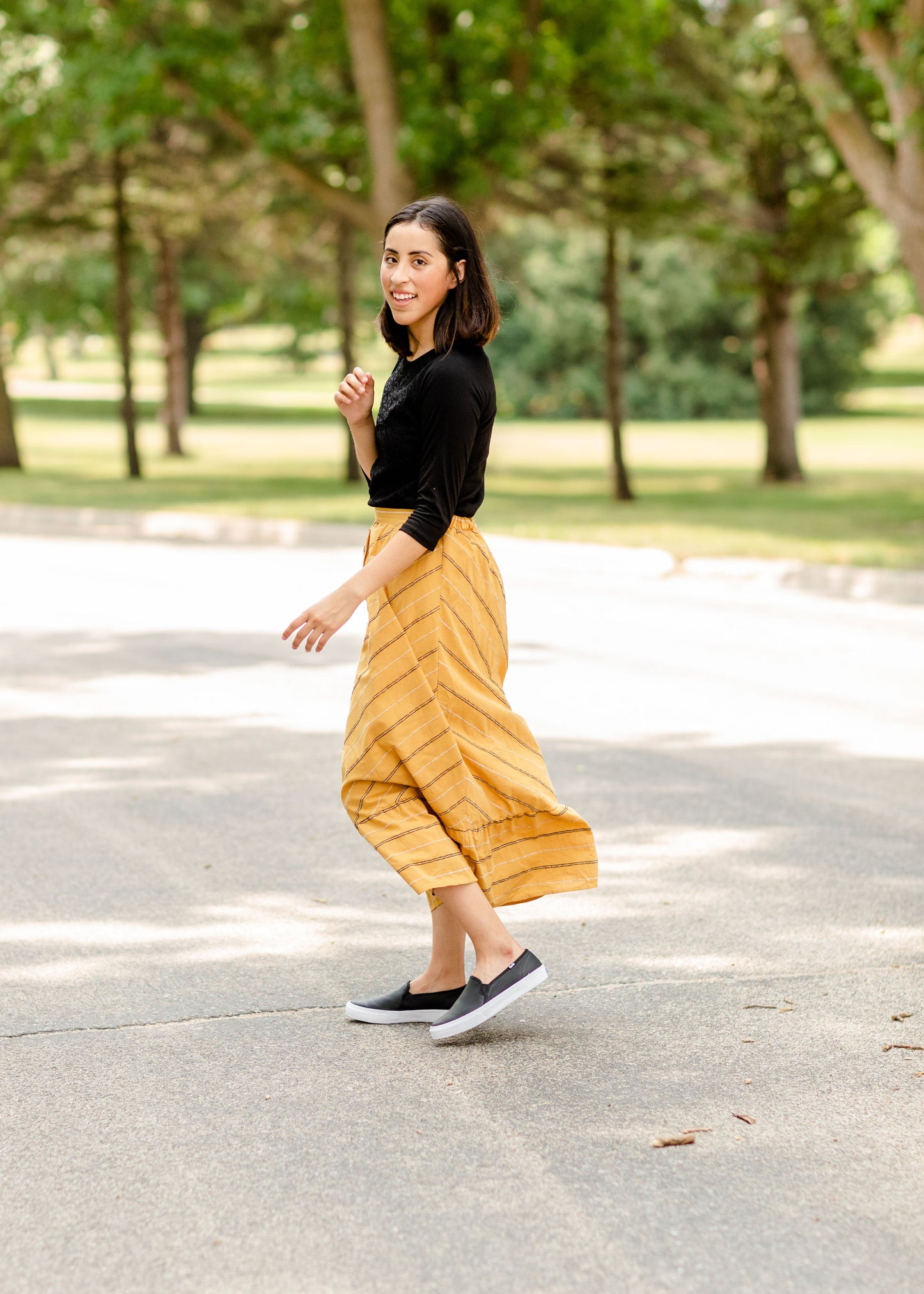 Mustard Striped Button Front Midi Skirt Skirts Polagram + BaeVely