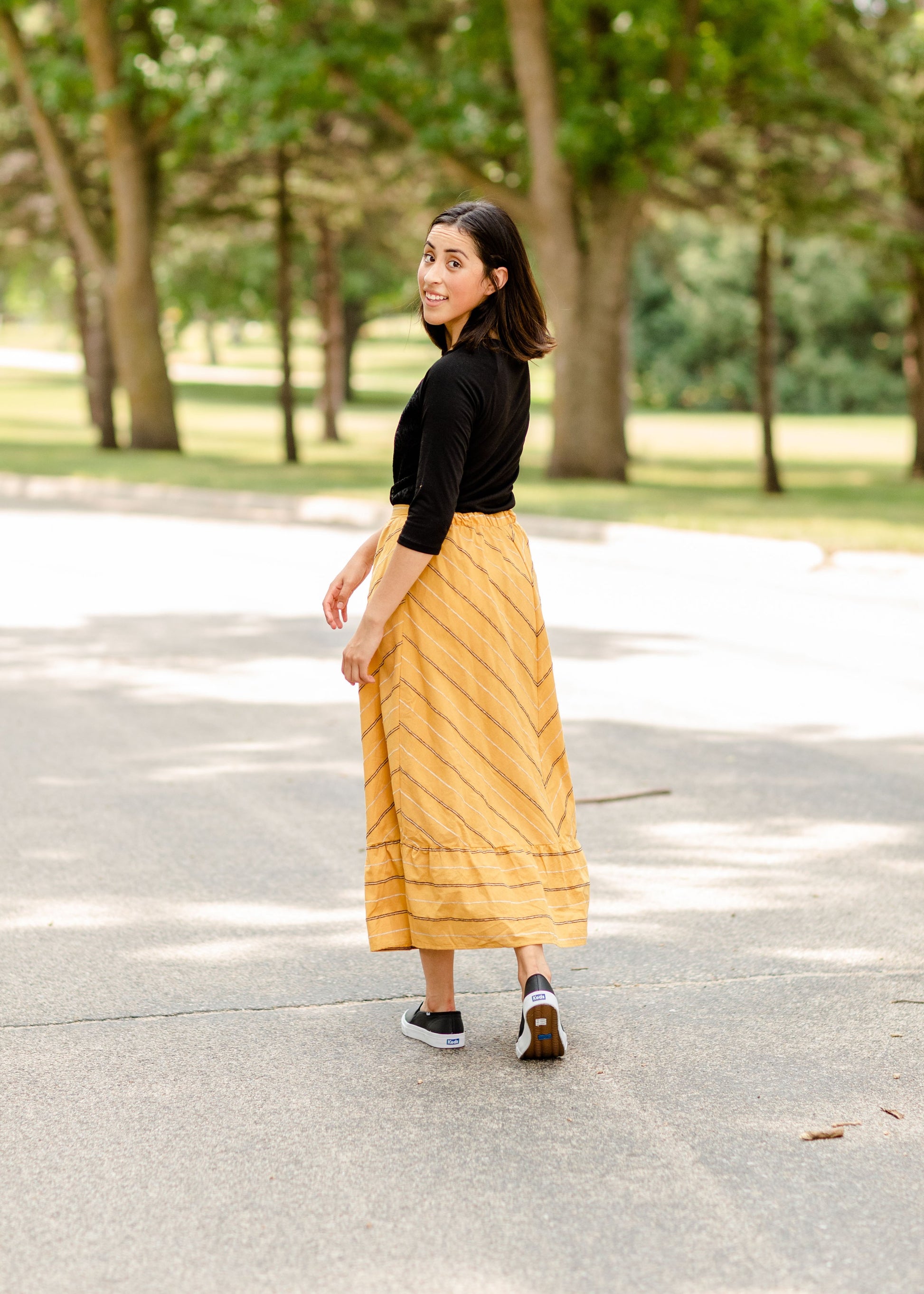 Mustard Striped Button Front Midi Skirt Skirts Polagram + BaeVely