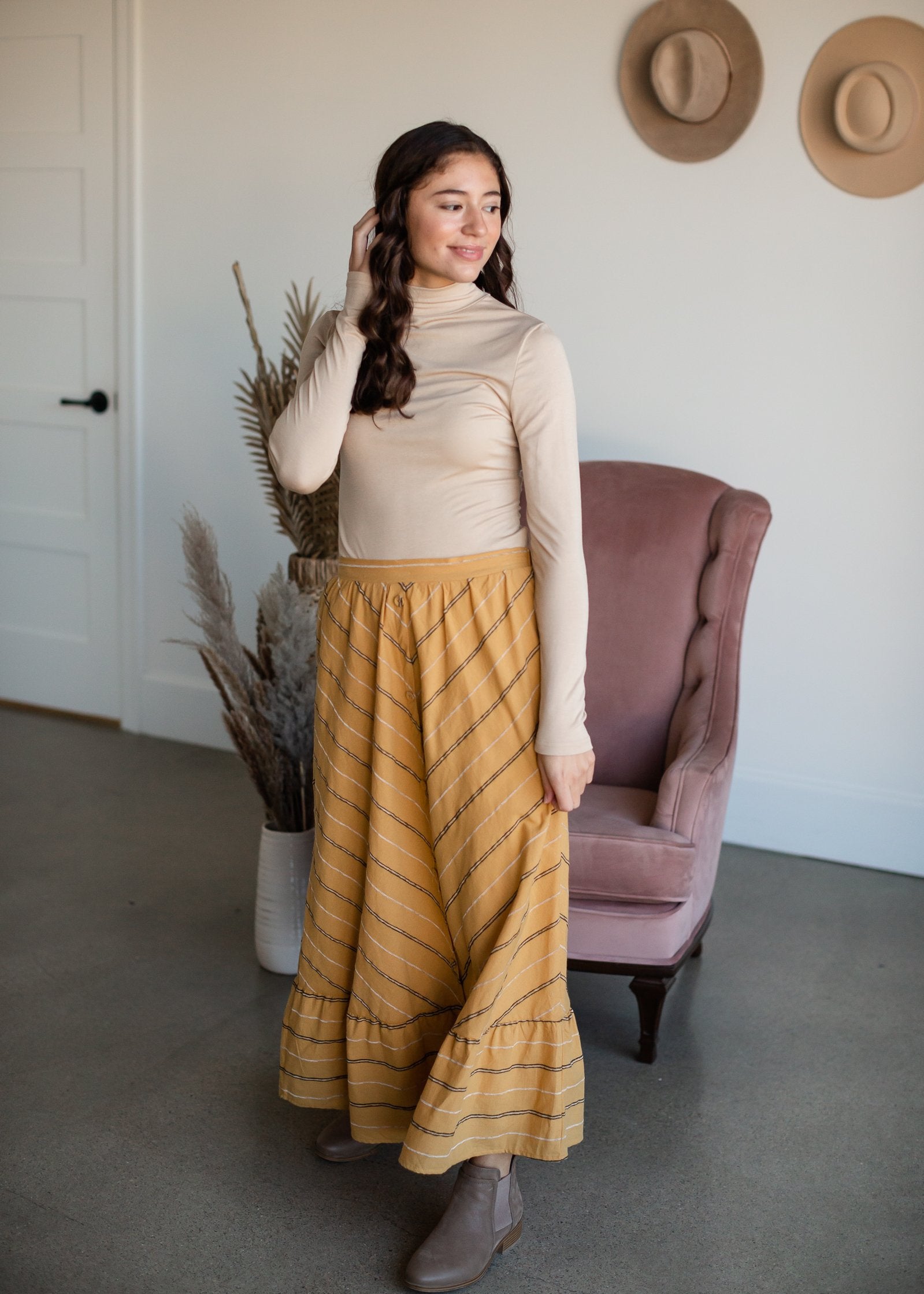 Mustard Striped Button Front Midi Skirt Skirts Polagram + BaeVely