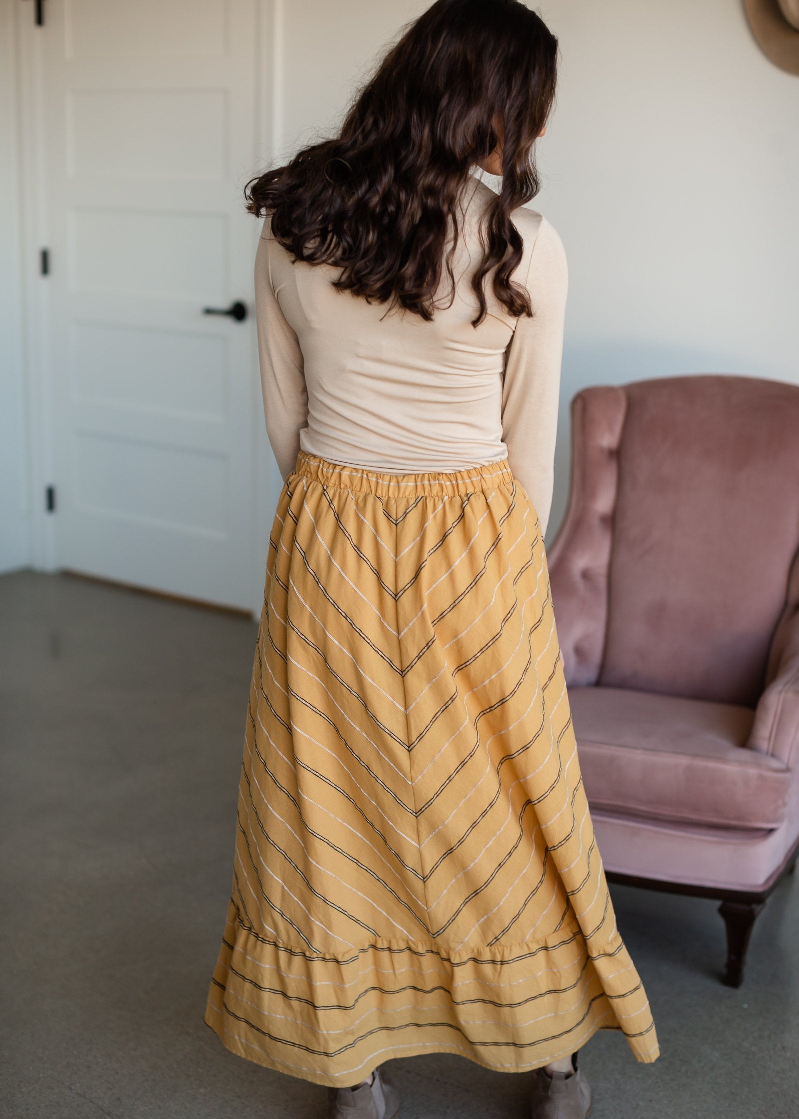 Mustard Striped Button Front Midi Skirt Skirts Polagram + BaeVely