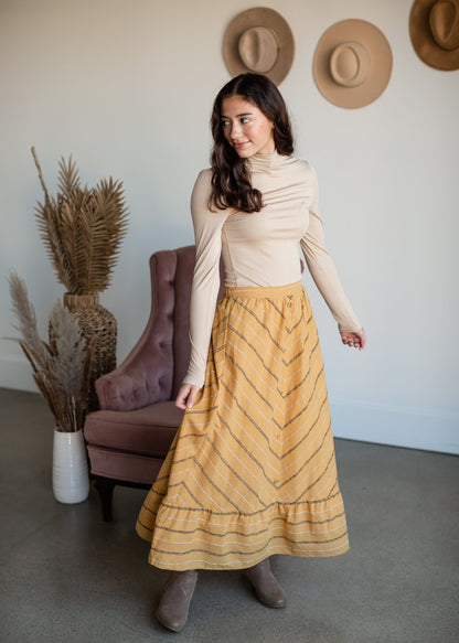 Mustard Striped Button Front Midi Skirt Skirts Polagram + BaeVely