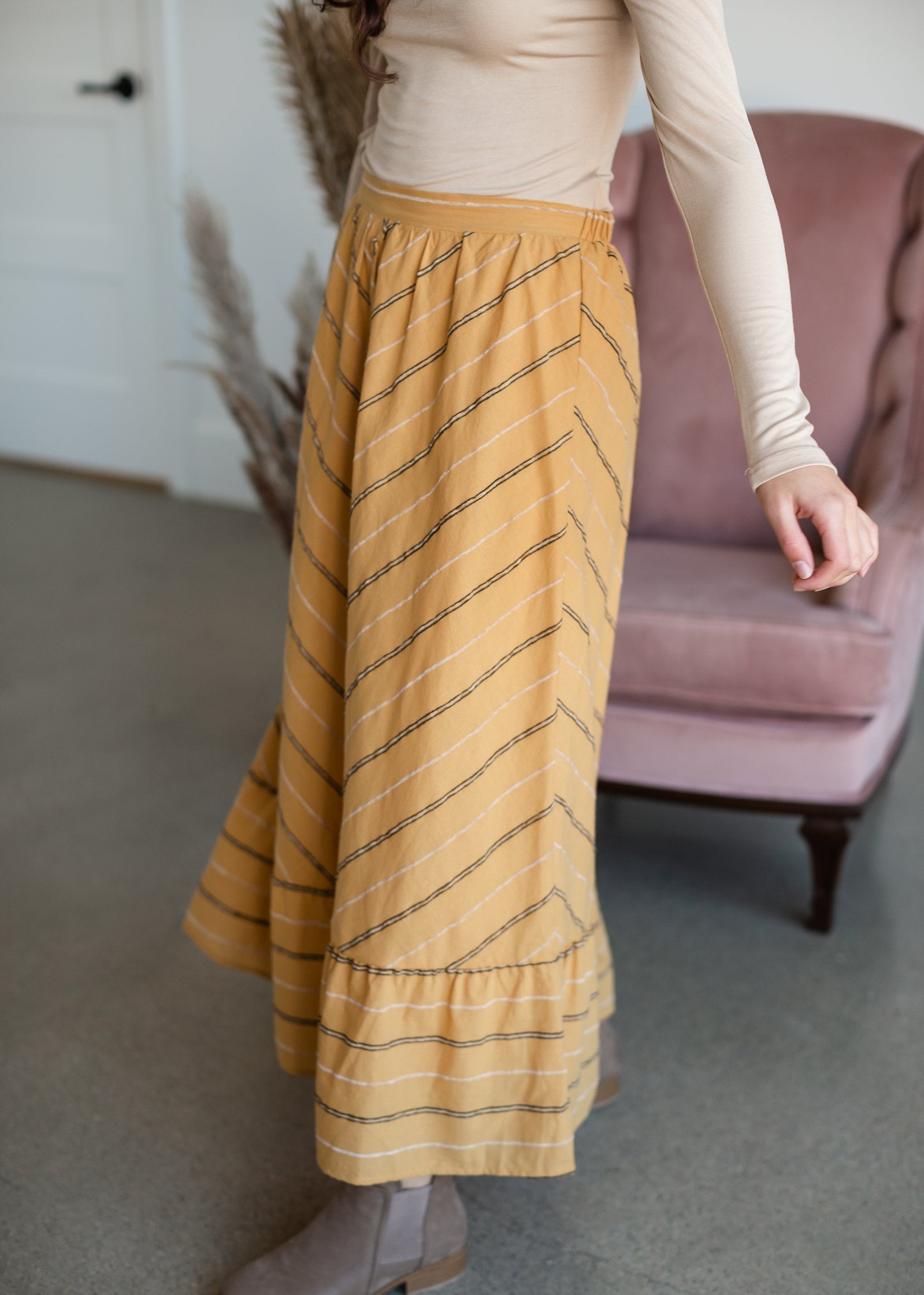 Mustard Striped Button Front Midi Skirt Skirts Polagram + BaeVely