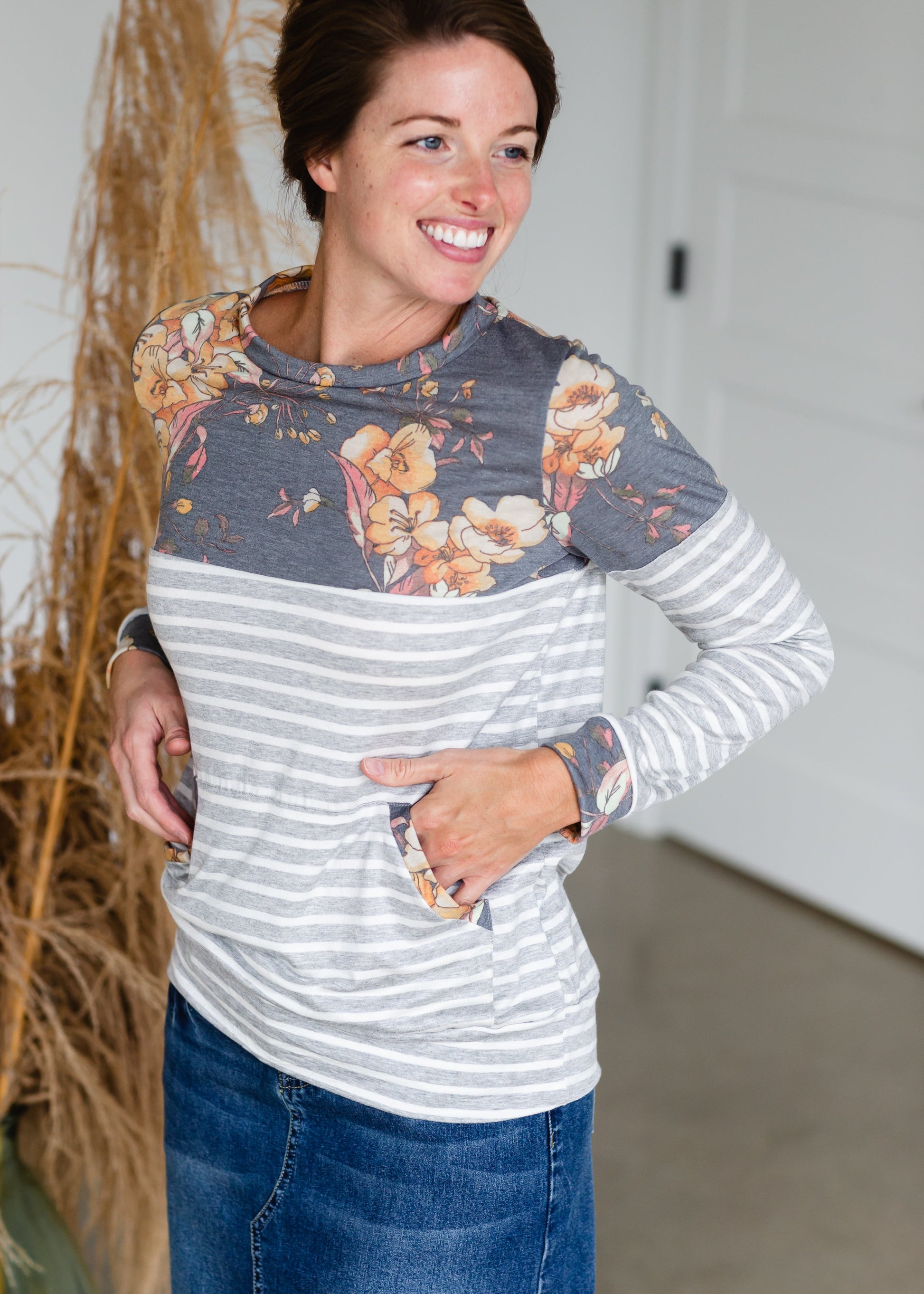 Mustard Striped Floral Mix Pocket Top - FINAL SALE Tops