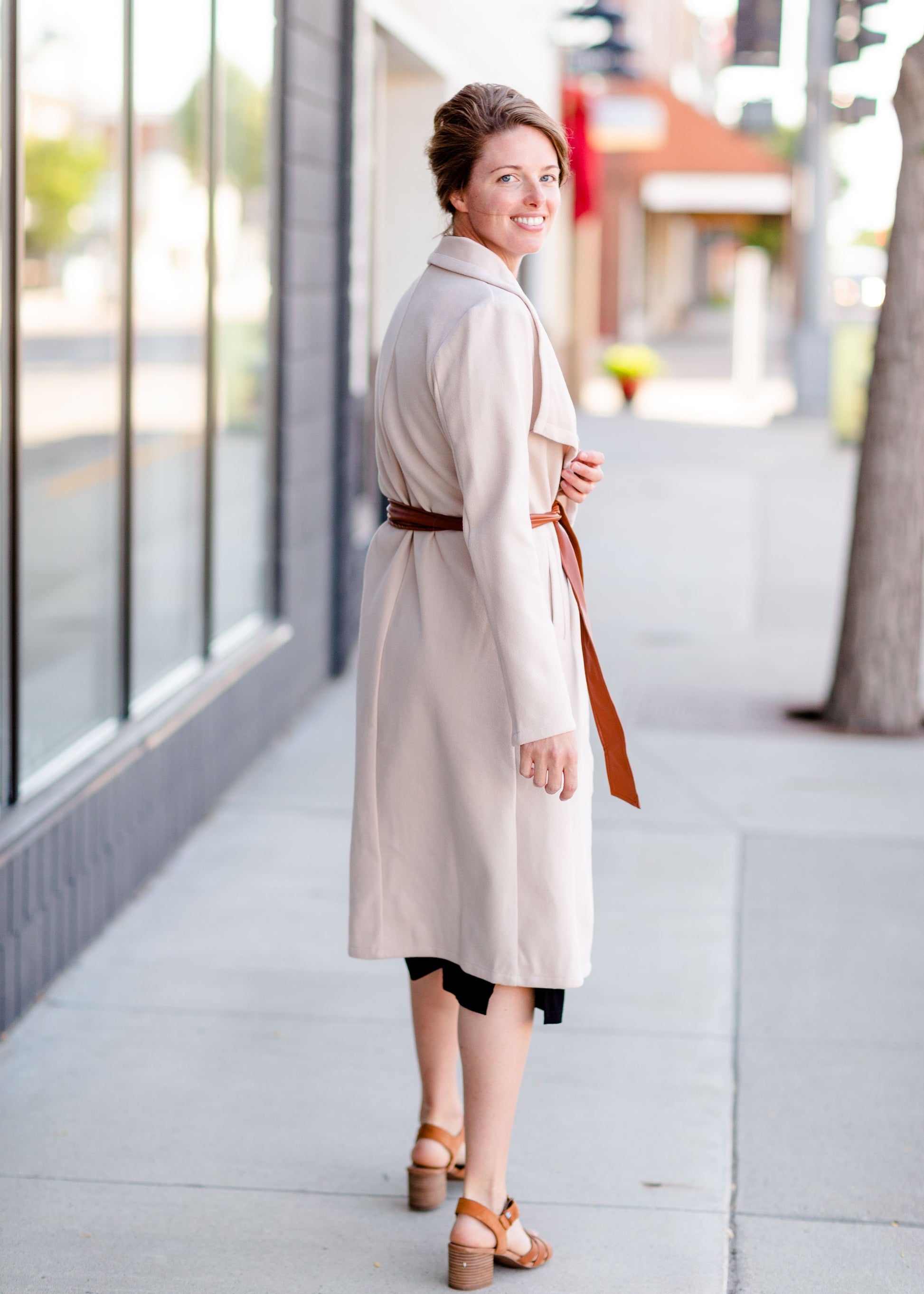 Natural Draped Neck Belted Coat Tops Hem & Thread