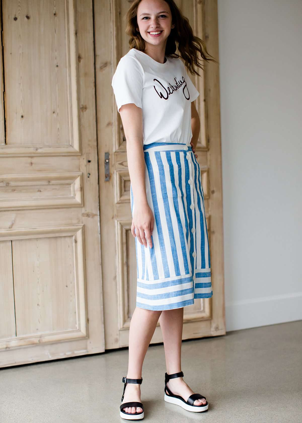 striped blue and white midi skirt