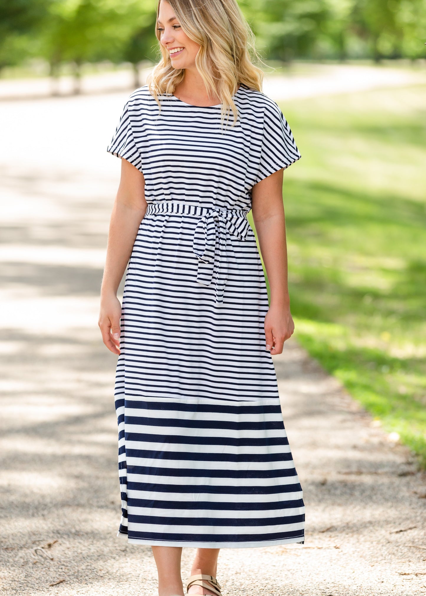 Navy and White Striped Tie Midi Dress Dresses