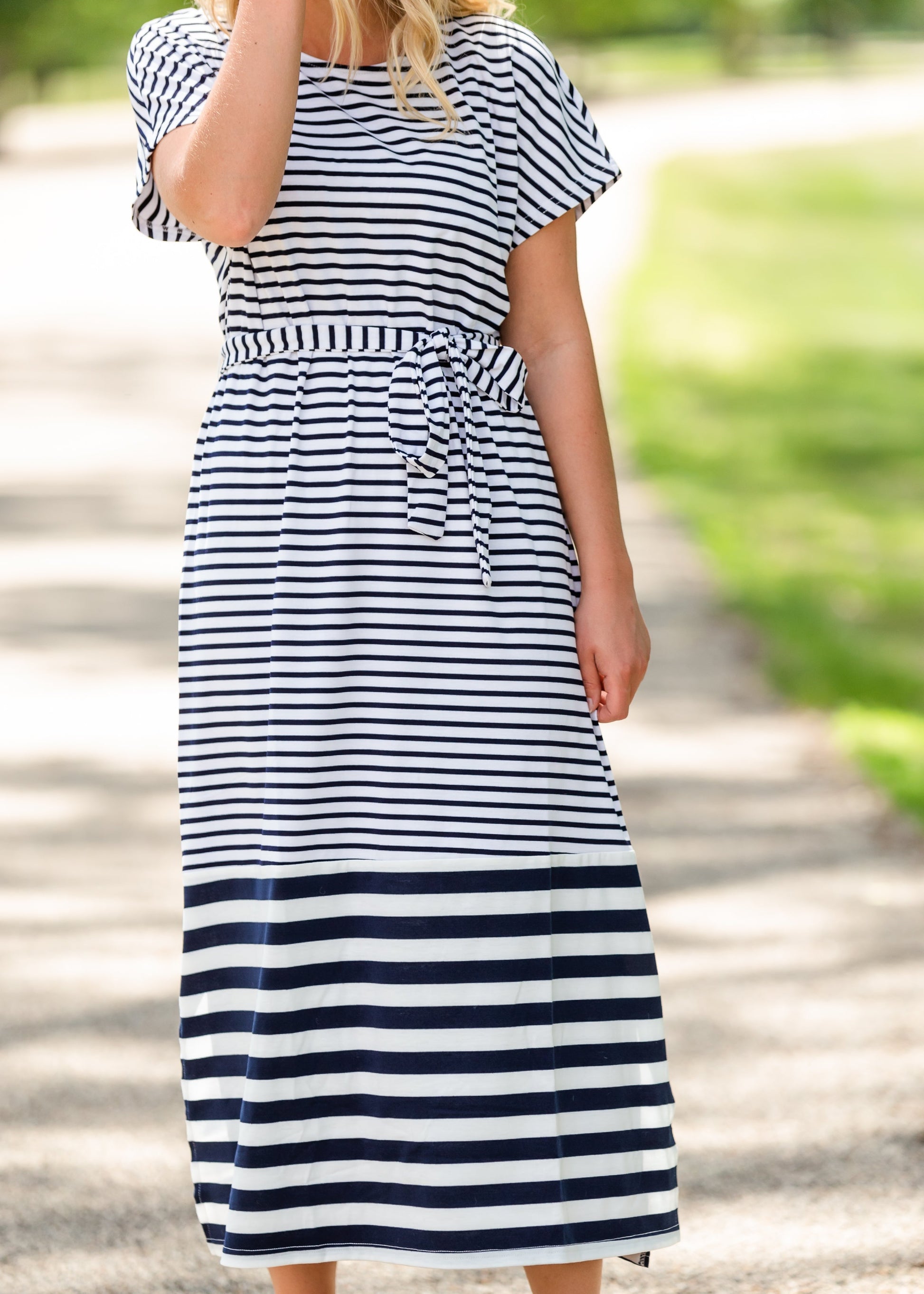 Navy and White Striped Tie Midi Dress Dresses