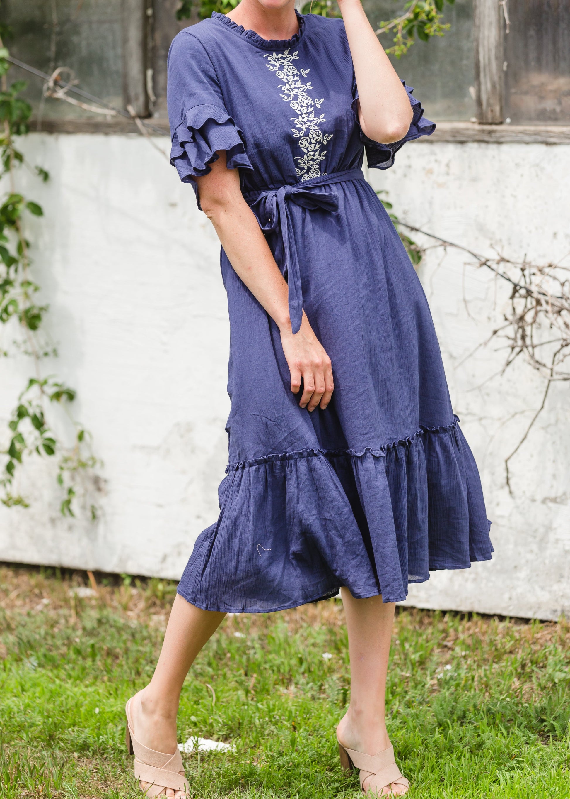 Navy Blue Ruffle Sleeve + Neck Embroidered Midi Dress - FINAL SALE Dresses