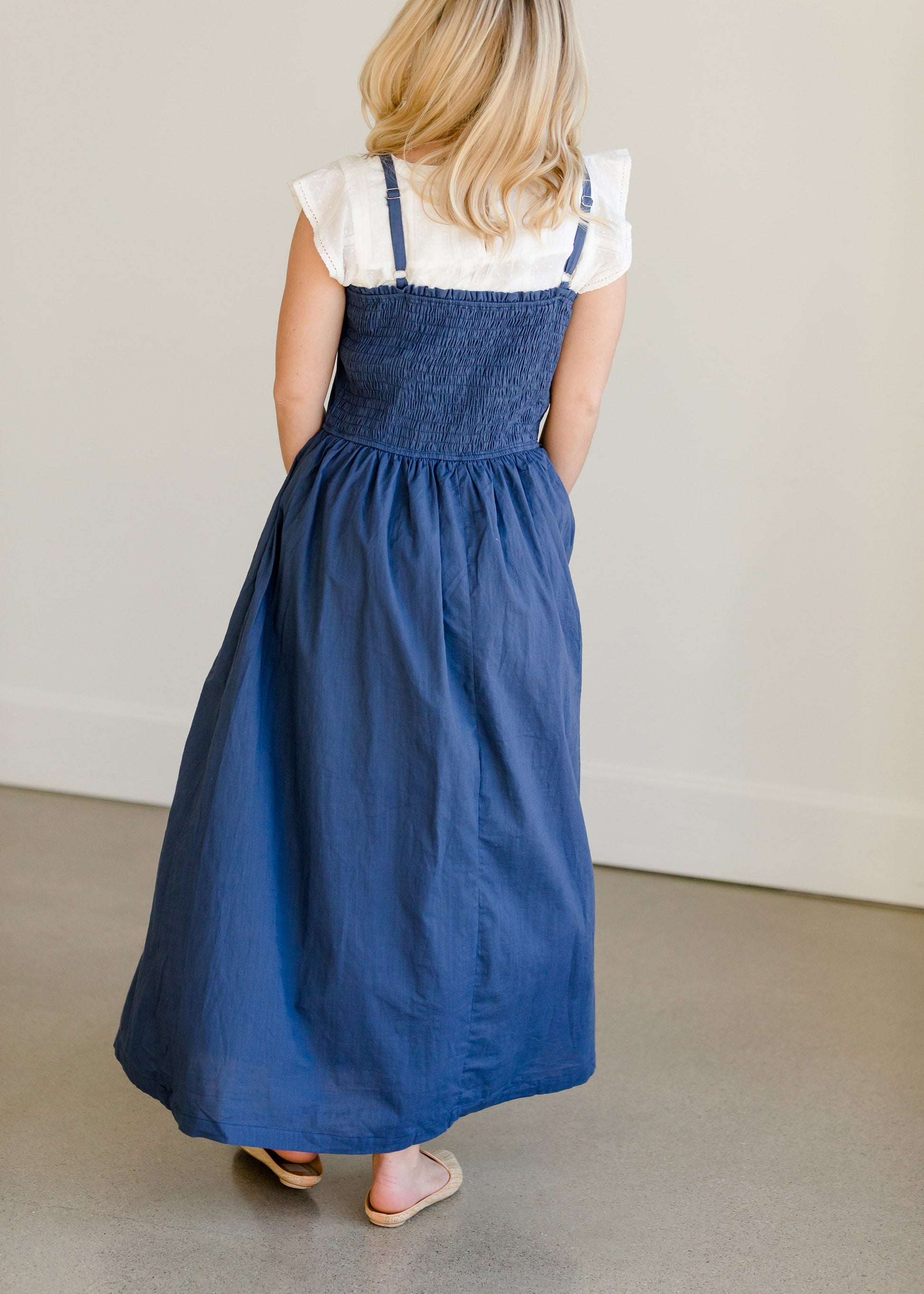 Navy Cotton Button Front Smocked Maxi Dress - FINAL SALE Dresses