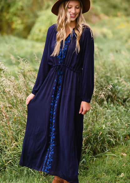 Navy Embroidered Tie Waist Maxi Dress Dresses