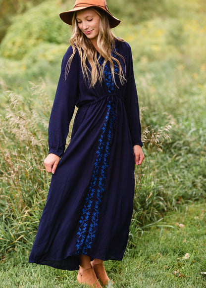 Navy Embroidered Tie Waist Maxi Dress Dresses