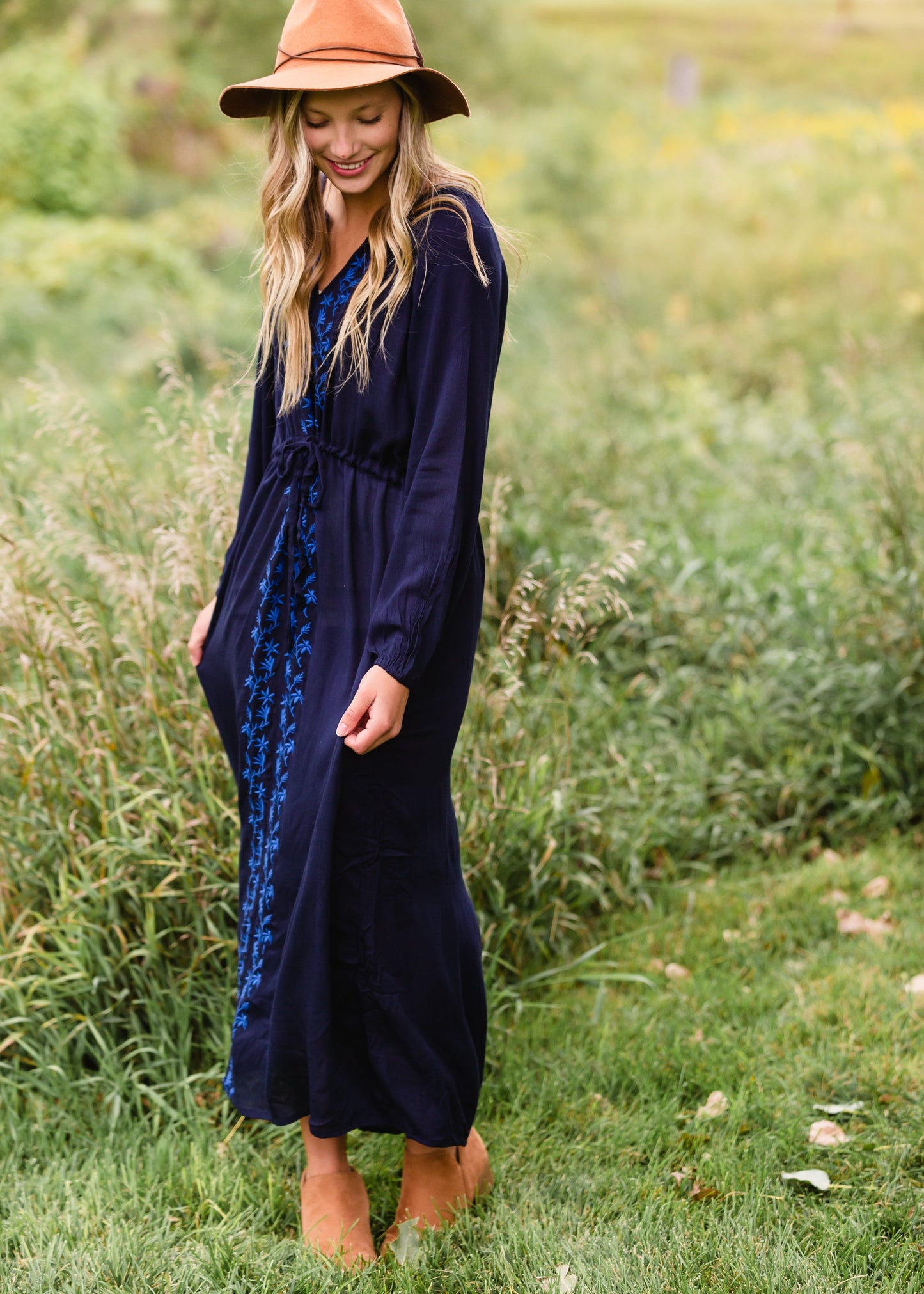 Navy Embroidered Tie Waist Maxi Dress Dresses