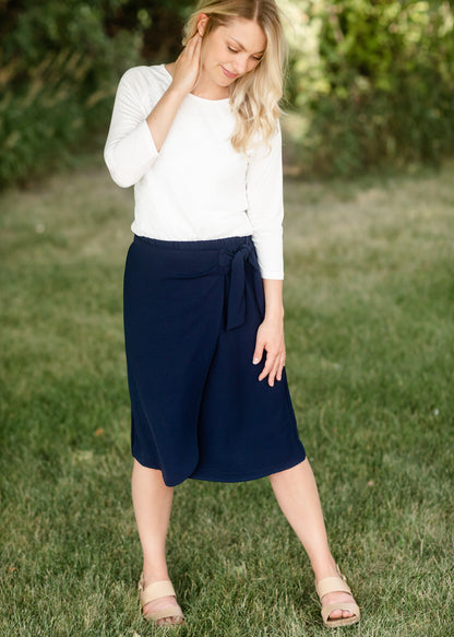 Navy Faux Wrap Tie Front Midi Skirt - FINAL SALE Skirts