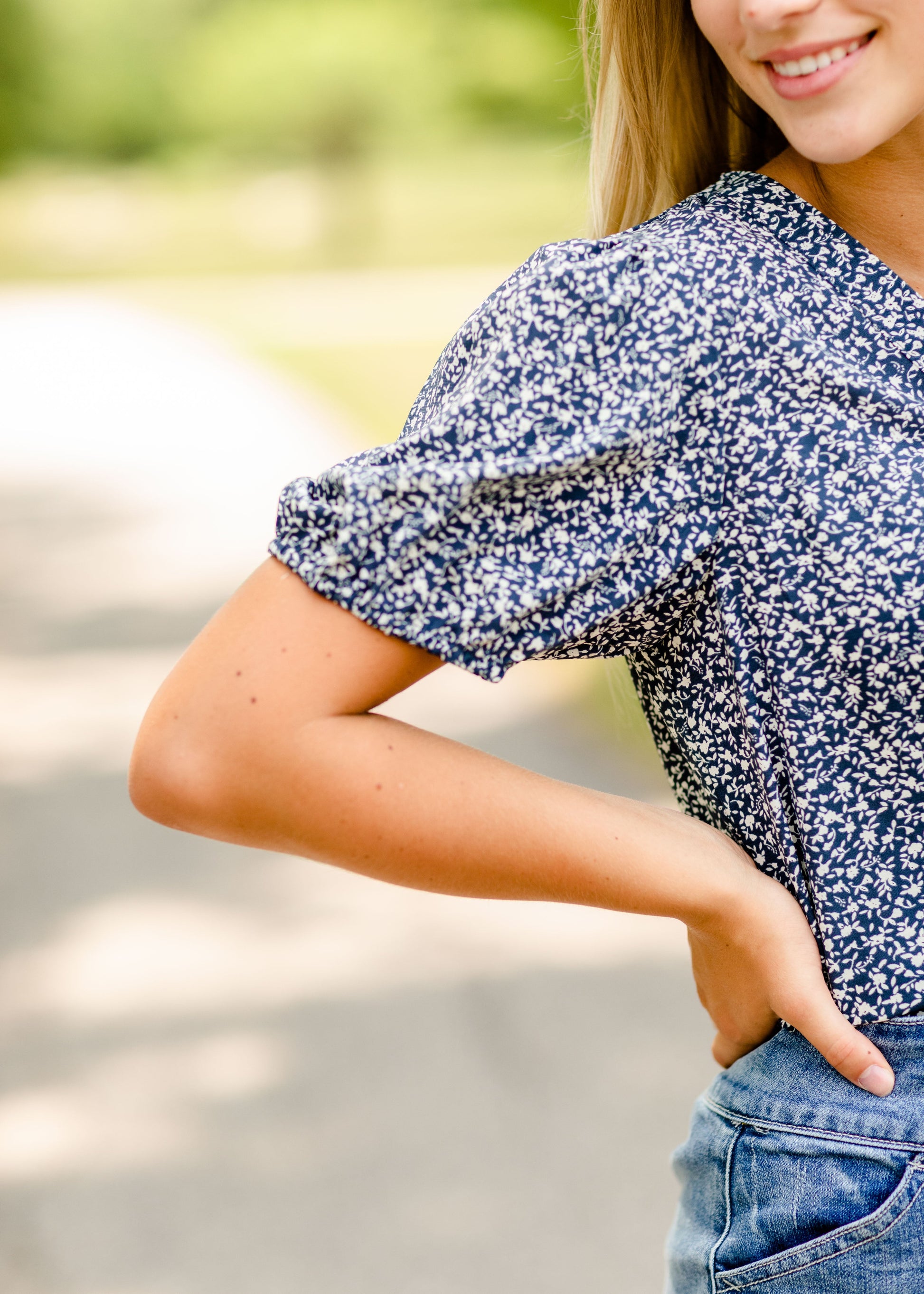 Navy Floral Button Top Tops