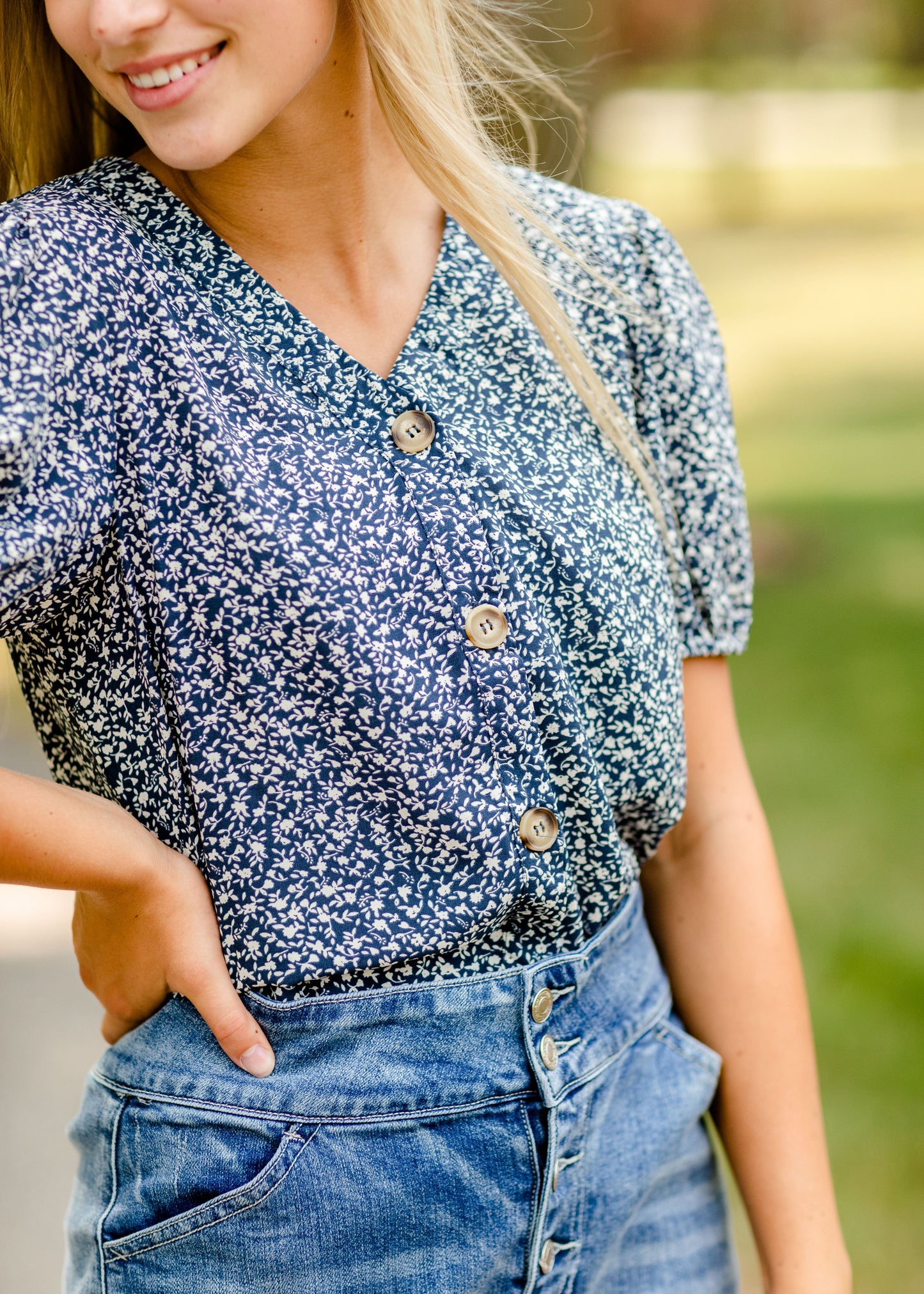 Navy Floral Button Top Tops