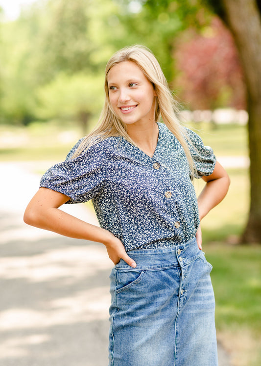 Navy Floral Button Top Tops