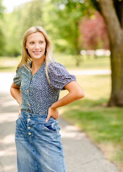 Navy Floral Button Top Tops