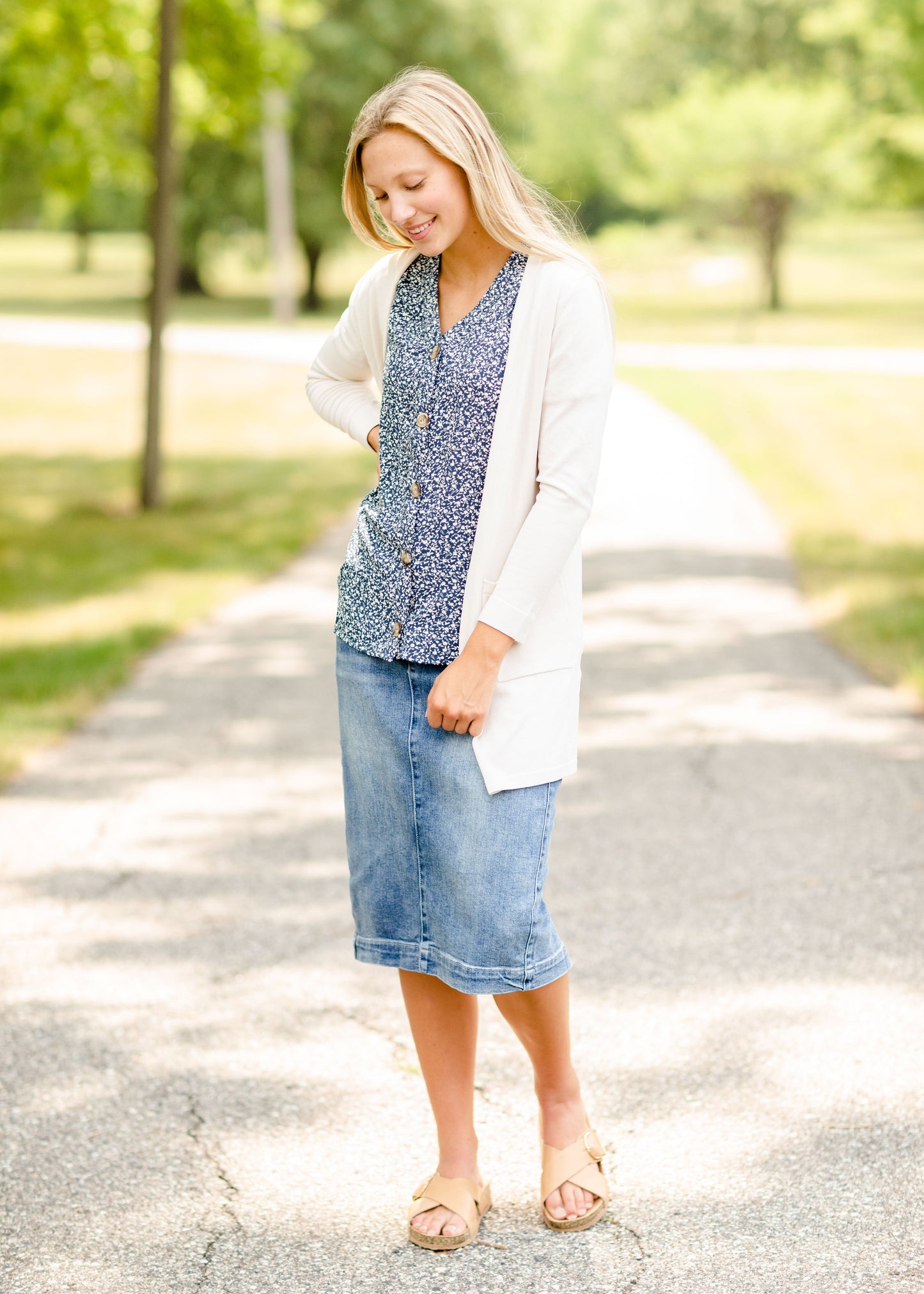 Navy Floral Button Top Tops