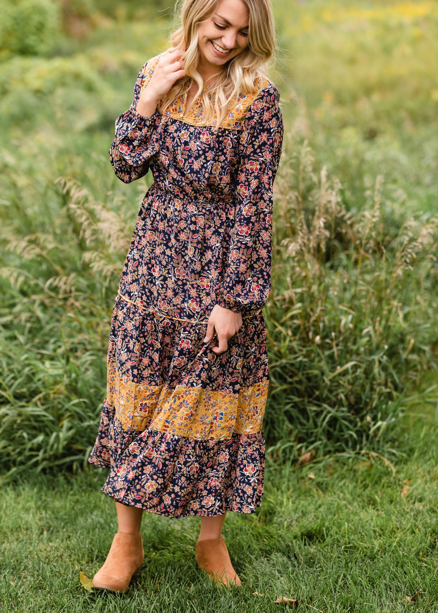 Navy Floral Prairie Peasant Midi Dress - FINAL SALE Dresses