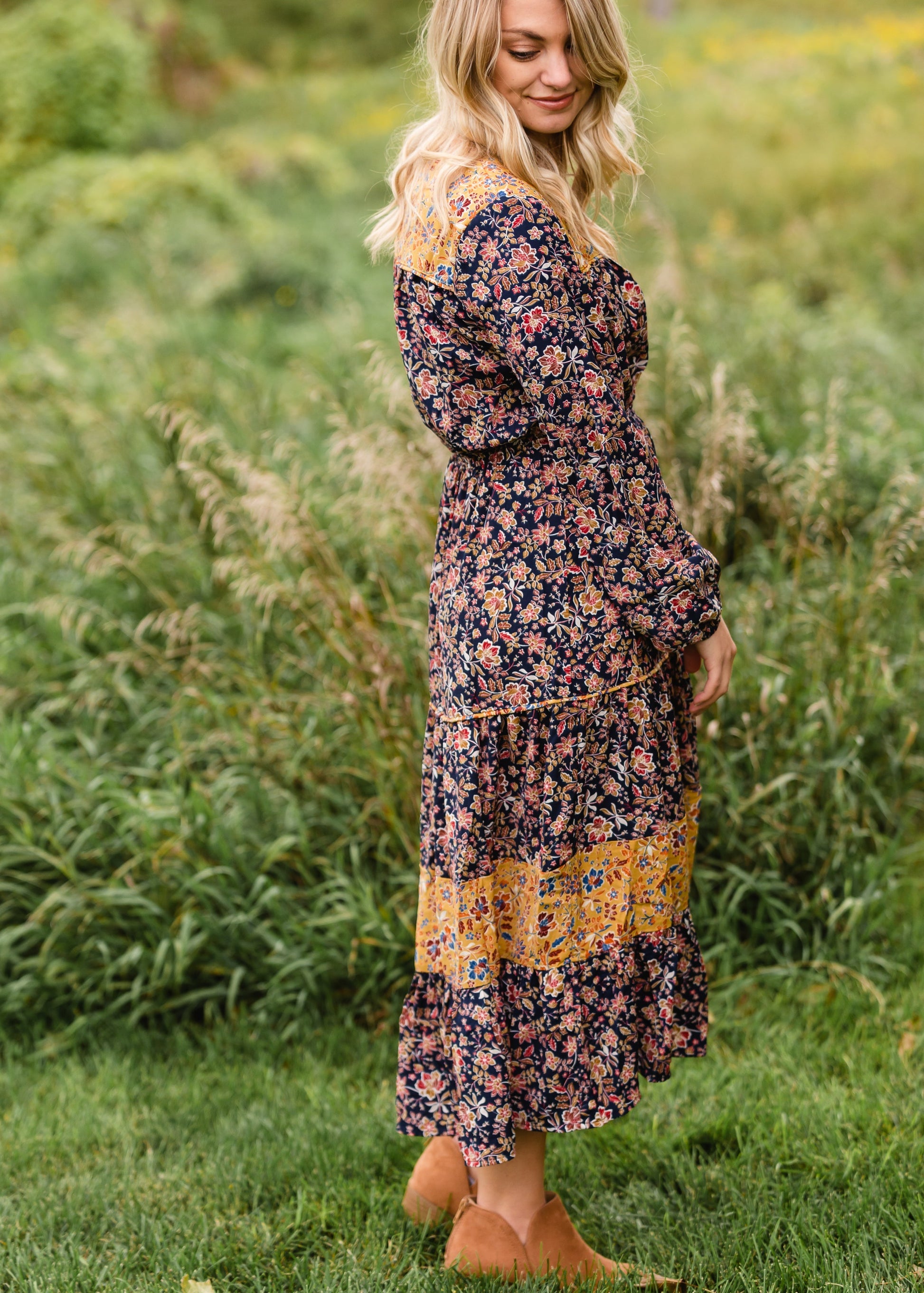 Navy Floral Prairie Peasant Midi Dress - FINAL SALE Dresses