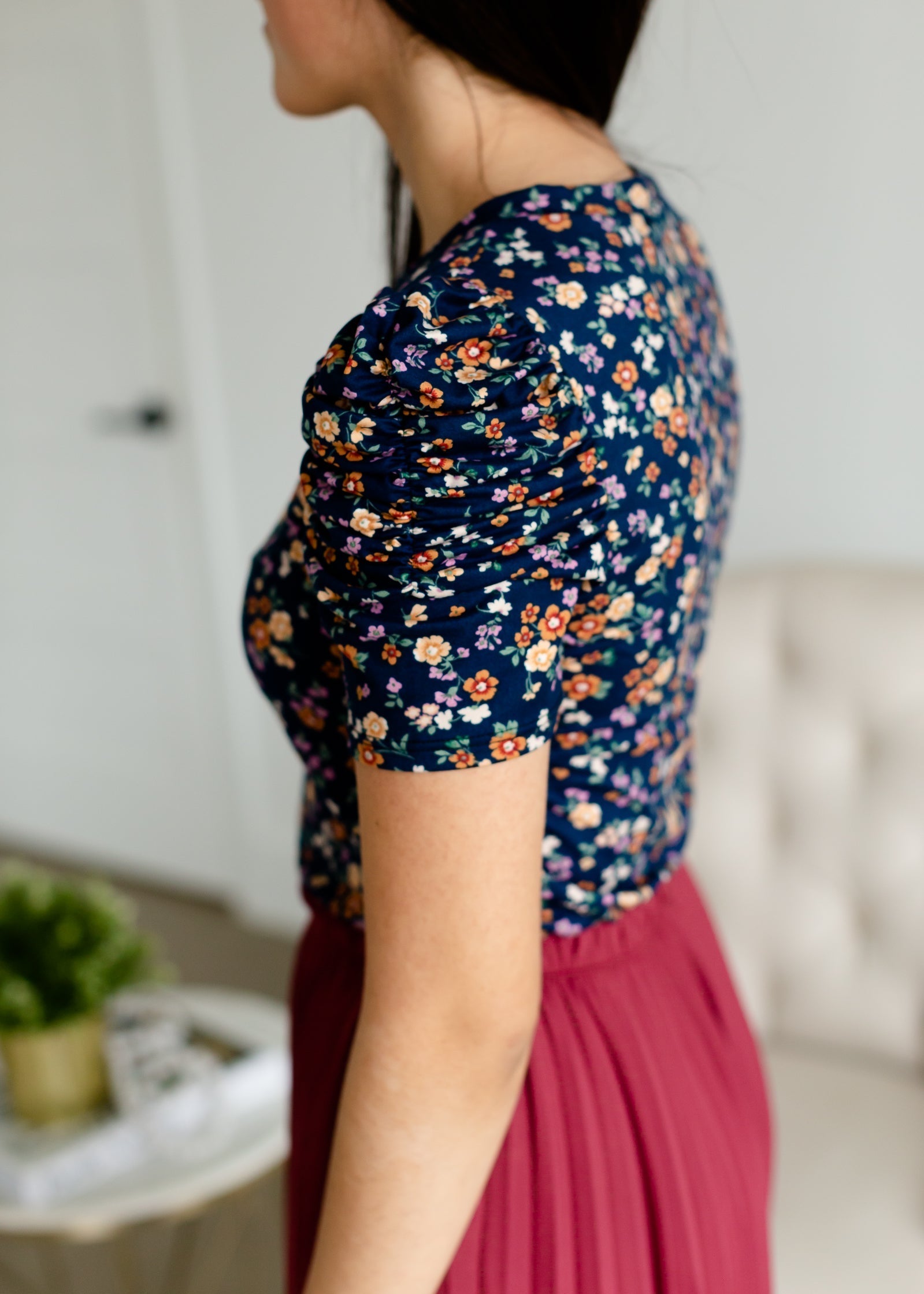 Navy Floral Puff Sleeve Tee Tops