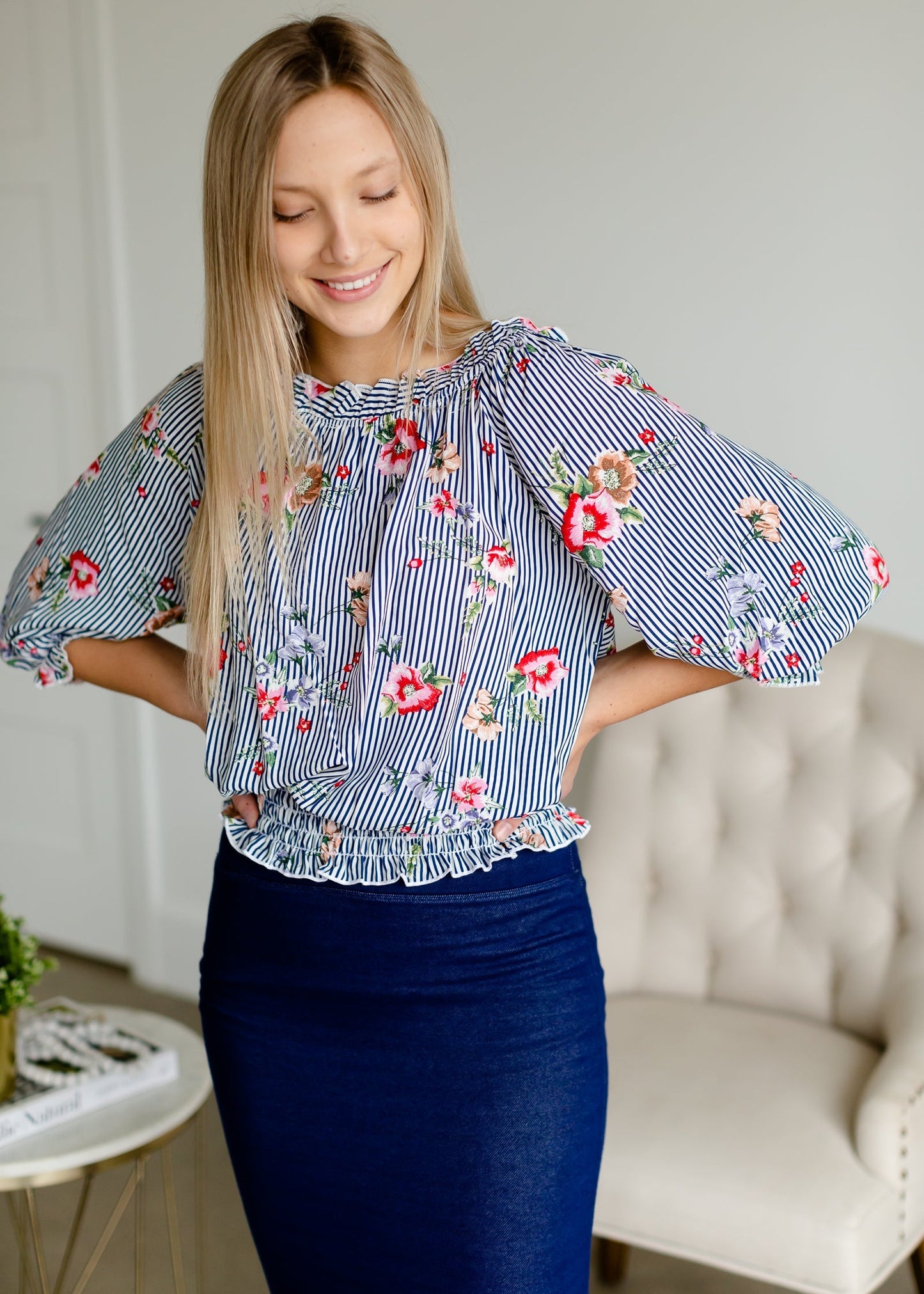 Navy Floral Striped Smocked Top - FINAL SALE Tops