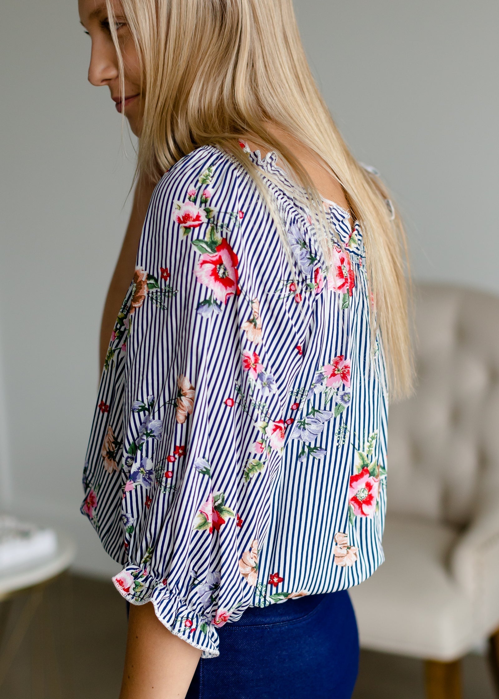 Navy Floral Striped Smocked Top - FINAL SALE Tops