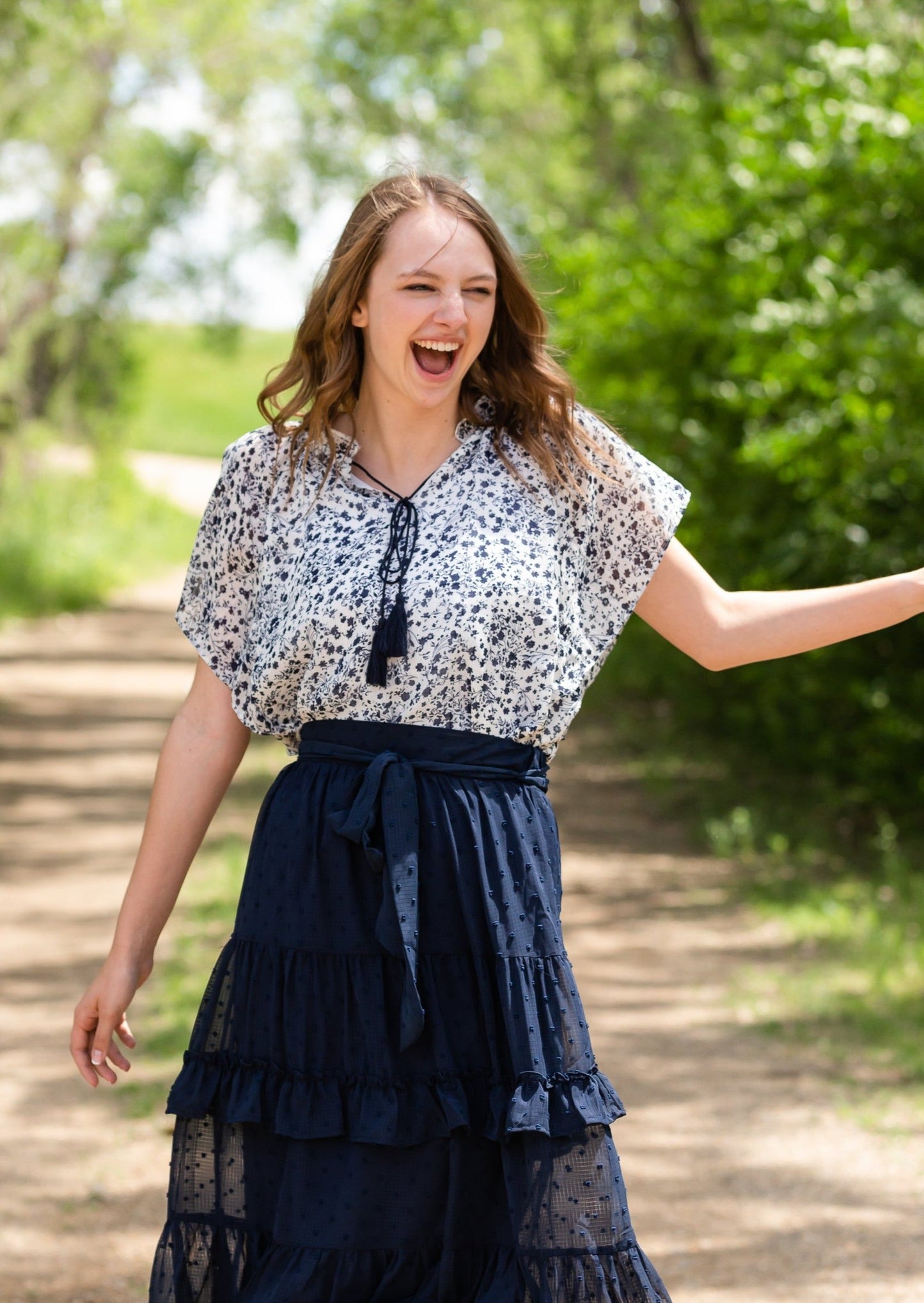 Navy Floral Tassel Tie Top - FINAL SALE Tops