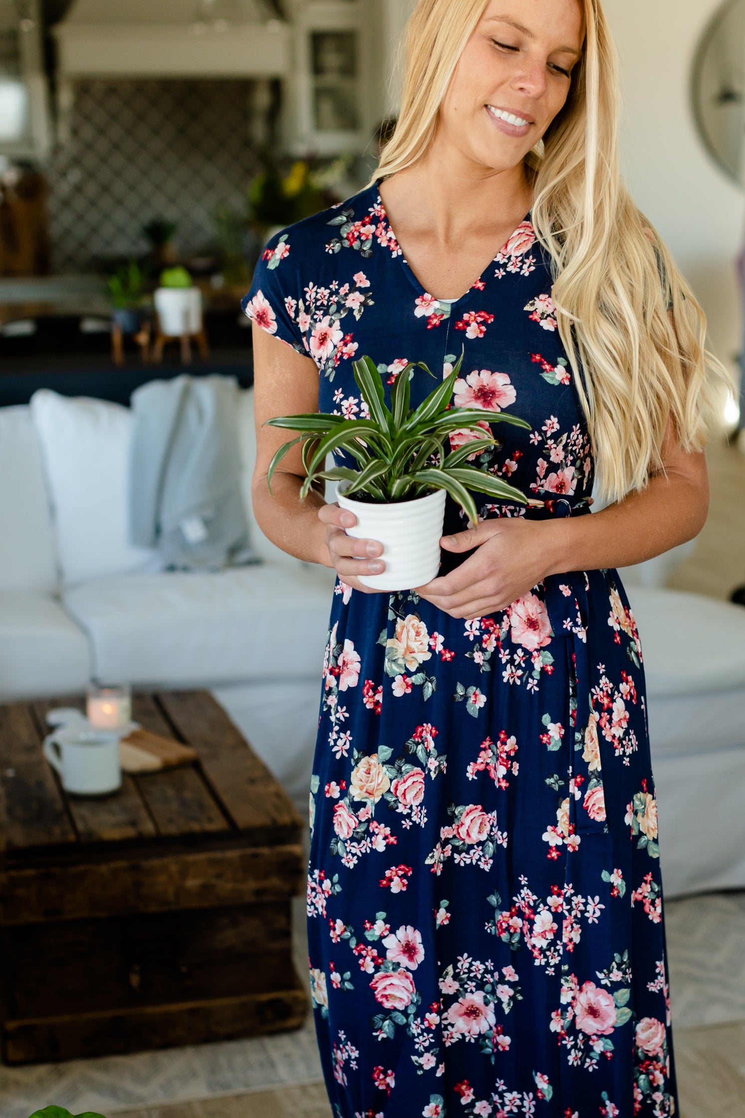 Navy Floral Waist Tie Maxi Dress Dresses