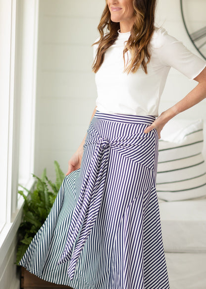 Navy Front Tie Stripe Midi Skirt - FINAL SALE Skirts