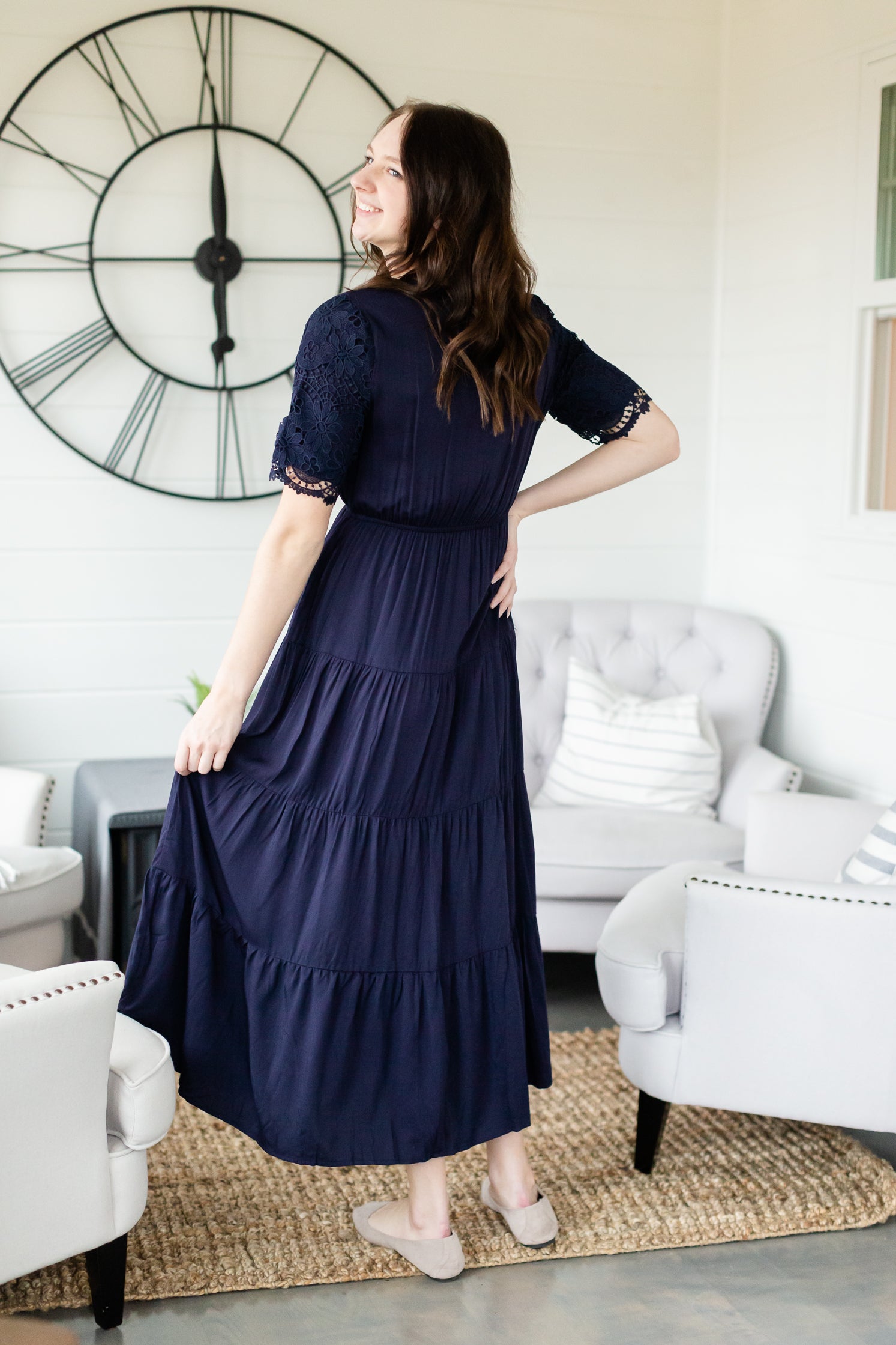 Navy Gathered Waist Maxi Dress Dresses