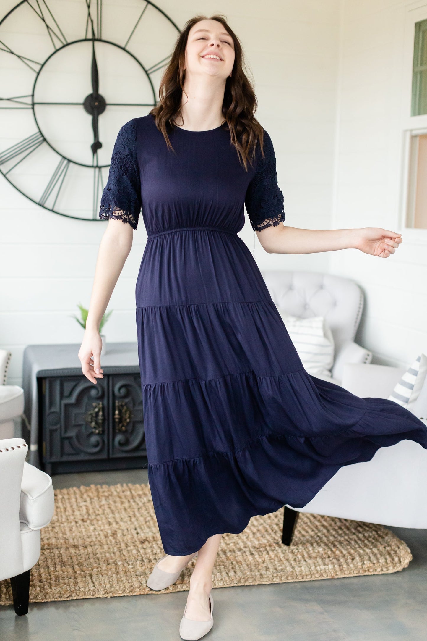 Navy Gathered Waist Maxi Dress Dresses