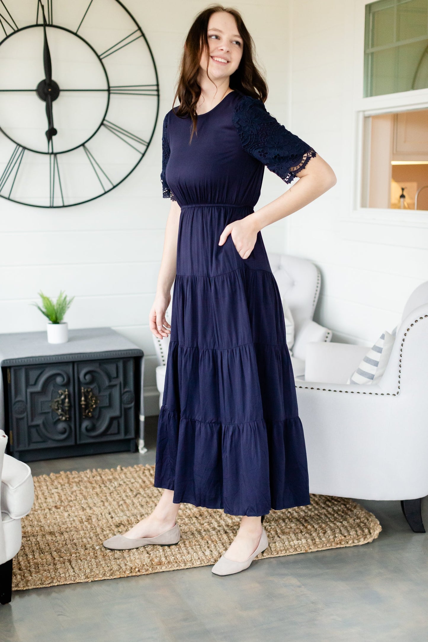 Navy Gathered Waist Maxi Dress Dresses