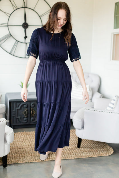 Navy Gathered Waist Maxi Dress Dresses