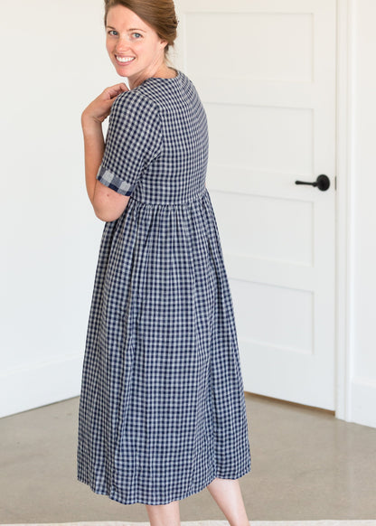 Navy Gingham Faux Button Up Midi Dress - FINAL SALE Dresses