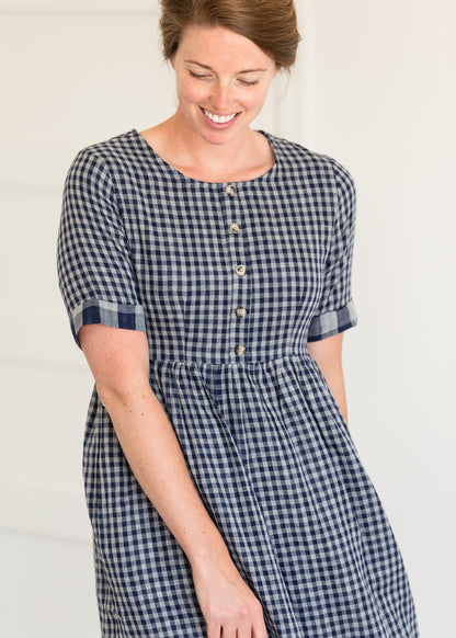 Navy Gingham Faux Button Up Midi Dress - FINAL SALE Dresses