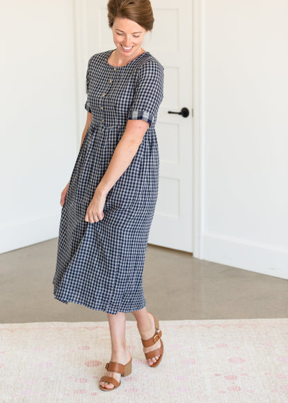 Navy Gingham Faux Button Up Midi Dress - FINAL SALE Dresses