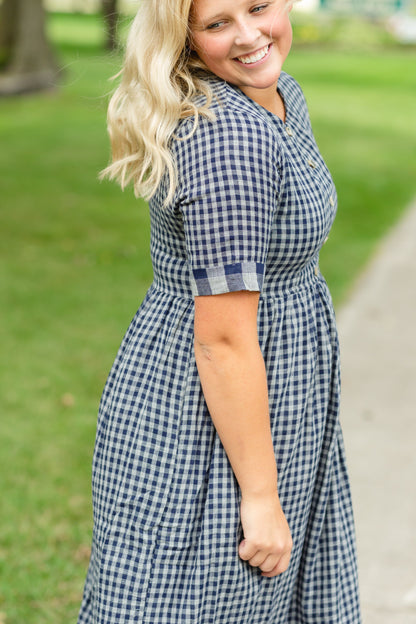 Navy Gingham Faux Button Up Midi Dress - FINAL SALE Dresses