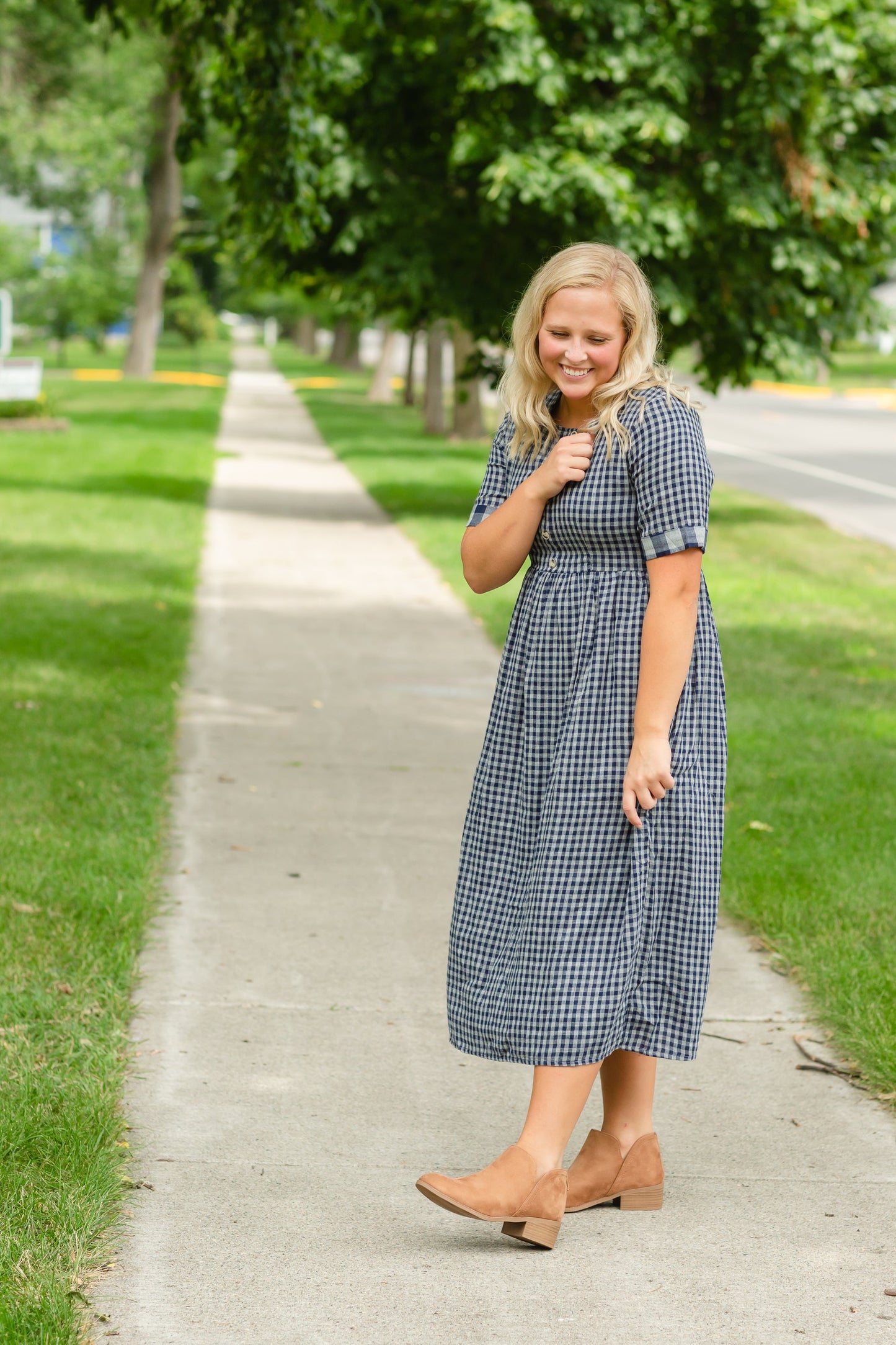 Navy Gingham Faux Button Up Midi Dress - FINAL SALE Dresses