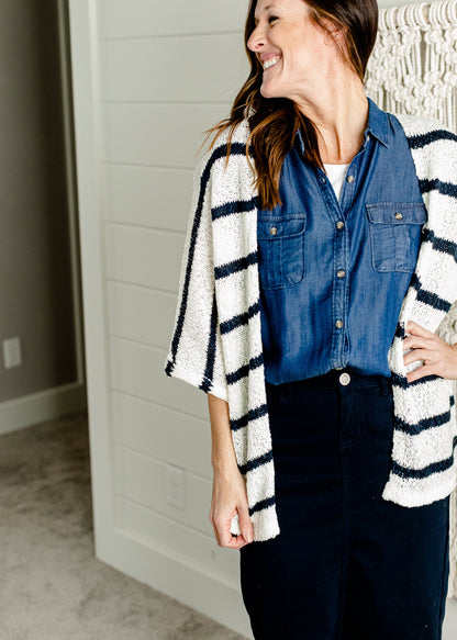 Navy + Ivory Yarn Kimono Sweater - FINAL SALE Tops