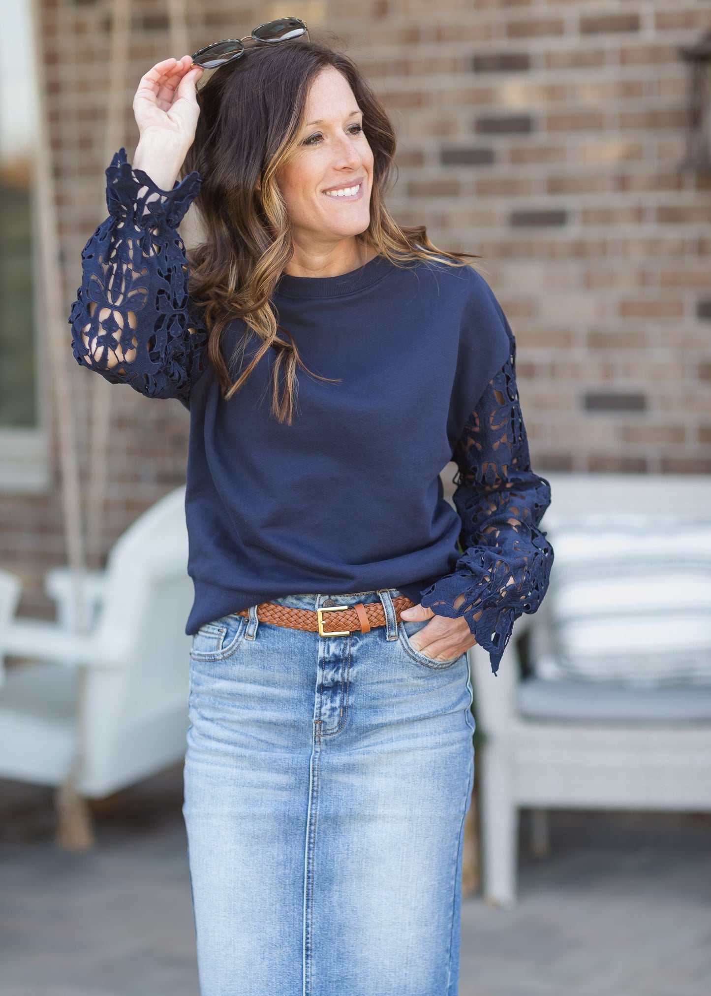 Navy Lace Long Sleeve Top - FINAL SALE Tops