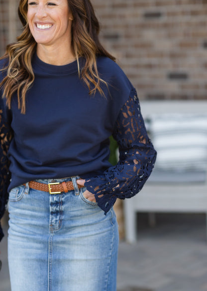 Navy Lace Long Sleeve Top - FINAL SALE Tops