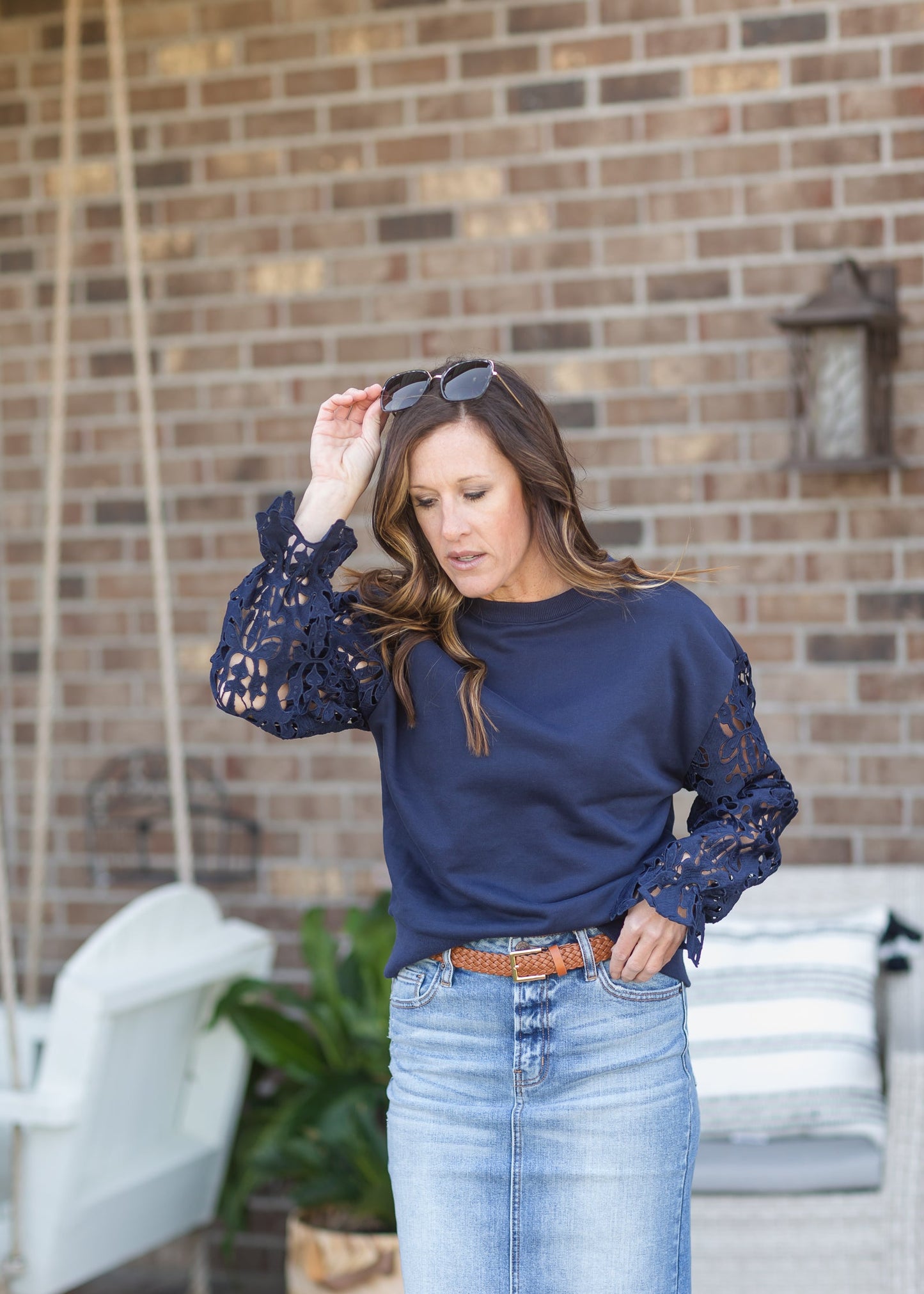 Navy Lace Long Sleeve Top - FINAL SALE Tops