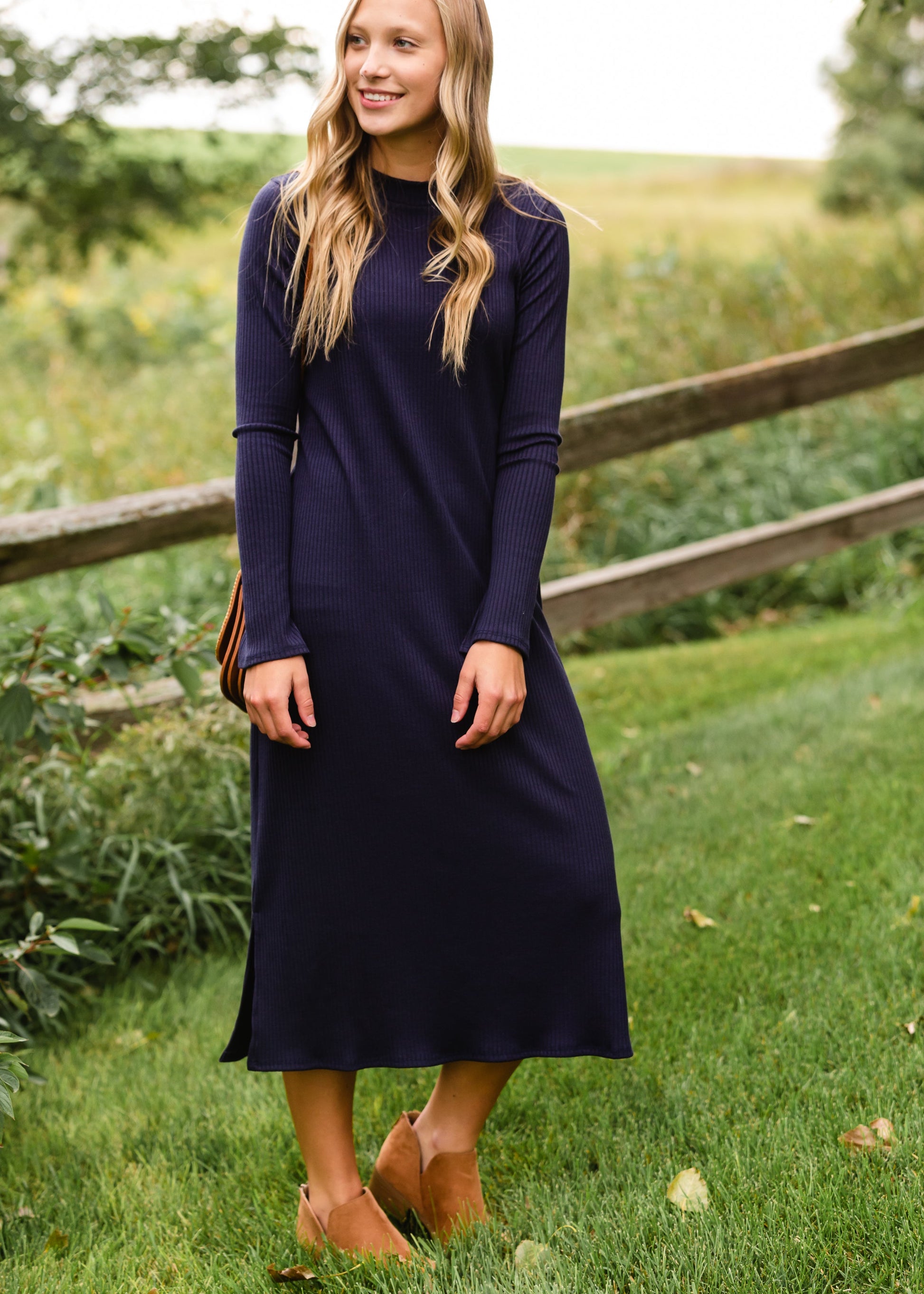 Navy Long Sleeve Ribbed Knit Midi Dress Dresses