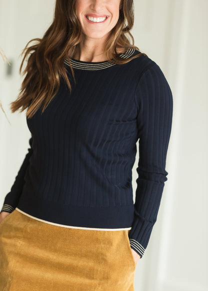 Navy Metail Ribbed Contrast Sweater - FINAL SALE Tops