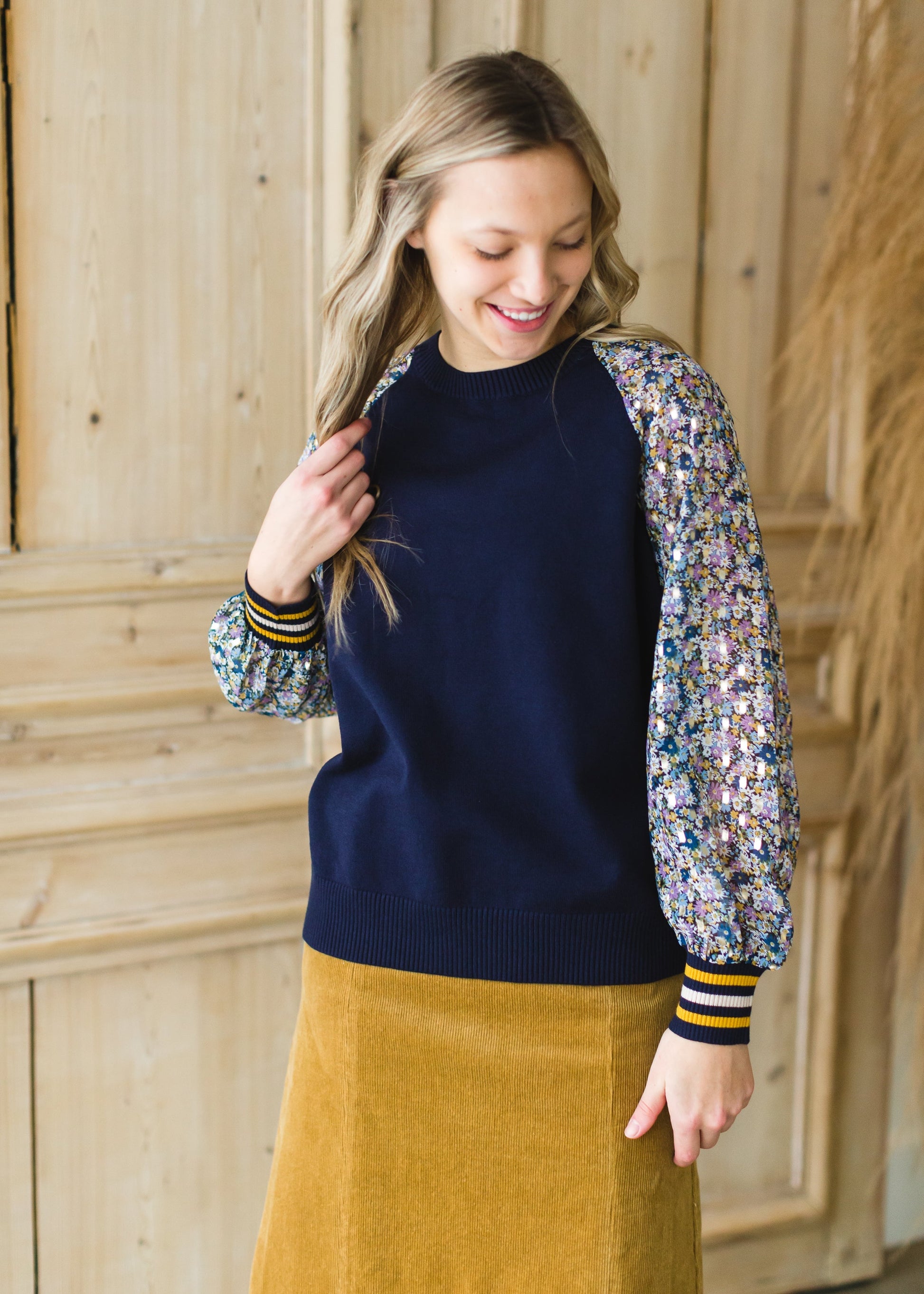 Navy Mixed Knit Floral Top - FINAL SALE Tops