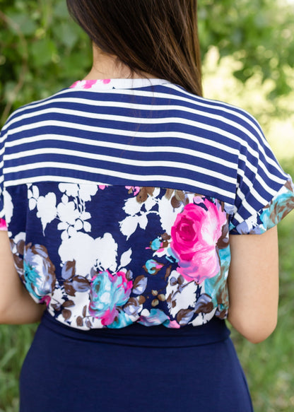 Navy Mixed Print Floral Top Tops